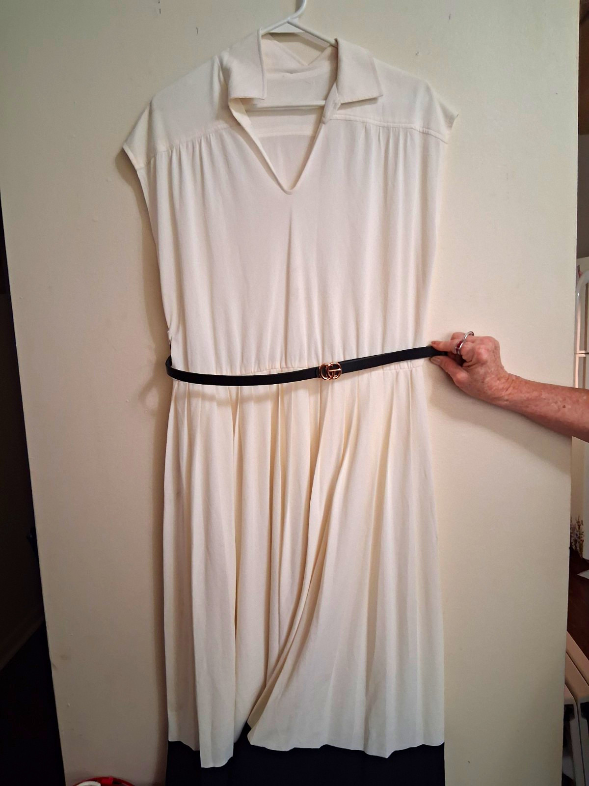 Vintage 1970s/1980s Handmade Color Block Midi Dress • Cream & Black V-Neck