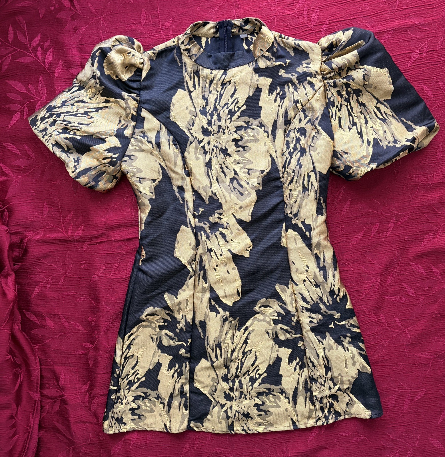 Stand Up Collar Black & Gold Floral Woman Medium Dress Bubble Puff Sleeves