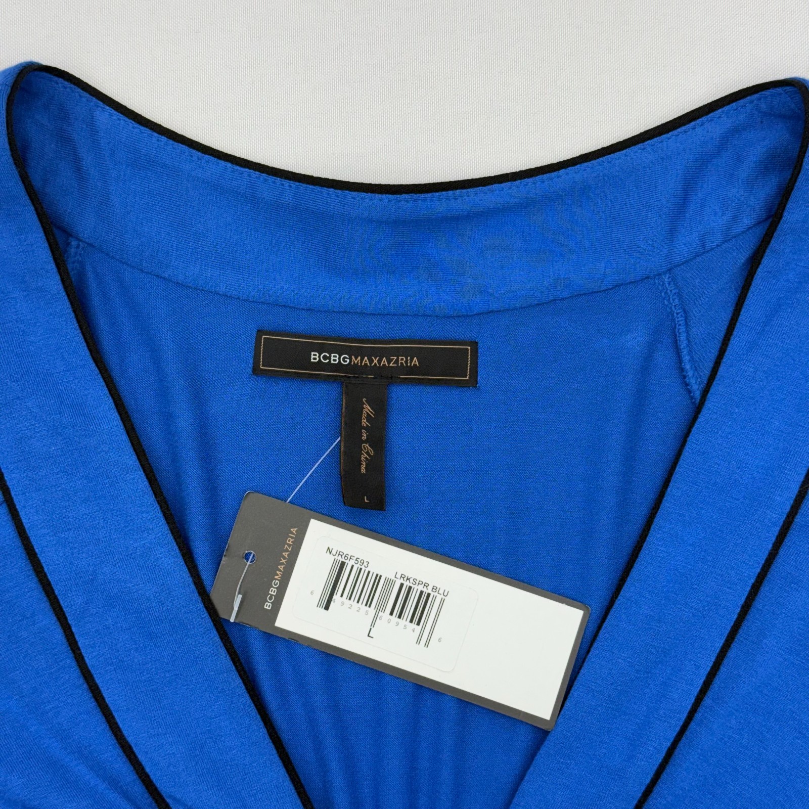 NWT BCBG Maxazria Ruched Low Cut V-Neck Dress Womens Large Blue Long Sleeve