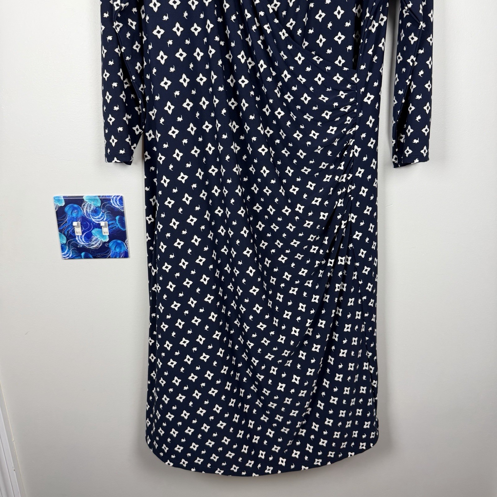Lauren Ralph Lauren Jersey Knit Navy Blue White Ruched Midi Faux Wrap Dress 1X