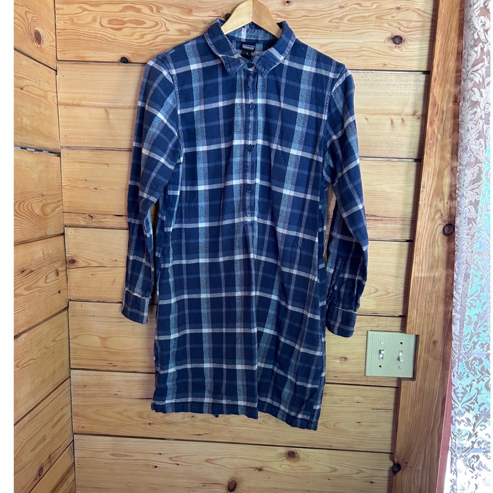 Patagonia Fjord Flannel Shirt Dress Womens Small Blue Plaid Organic Cotton Small