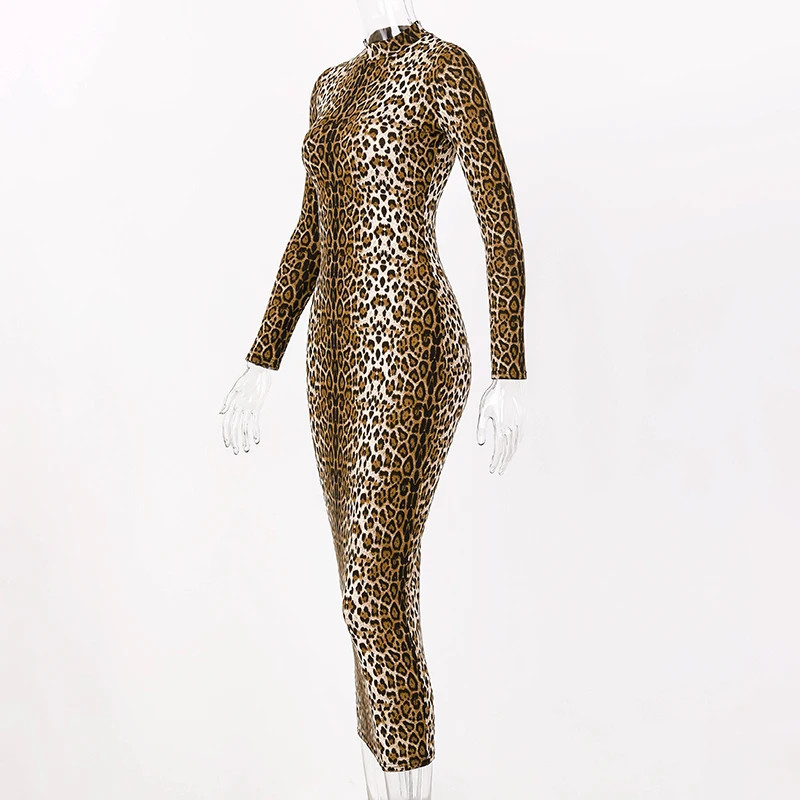 leopard print long sleeve slim bodycon sexy dress autumn winter women streetwear