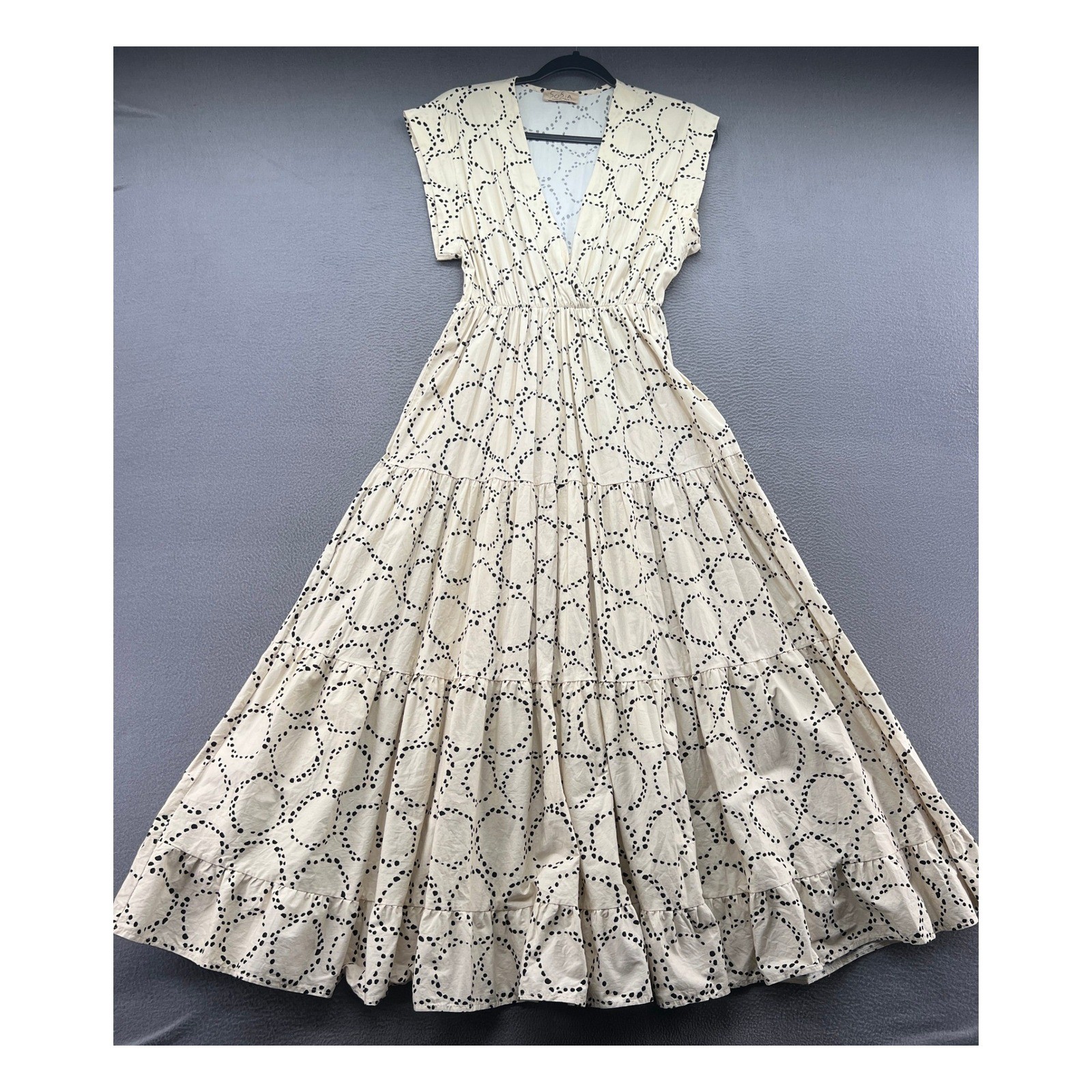 Sofia Made in Italy Dress Tiered Maxi Cream Black Dotted Circle Print Art Sz M