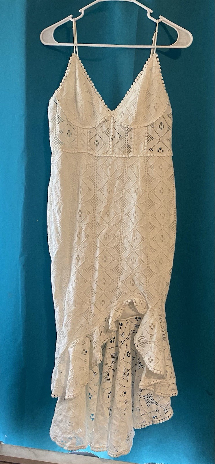 Selfie Leslie White Lace Eyelet Midi Dress Pom Pom Trim Asym. Ruffle Hem Size L