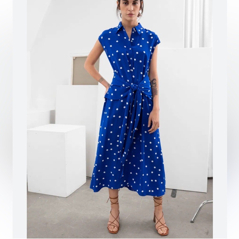 & other stories Waist Knot Polka dot Blue shirt dress size XS preppy