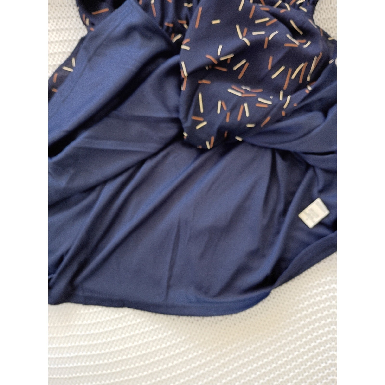 Memuse Whimsical Navy Blue Abstract Print Wrap Mini Dress Short Sleeve S/M NWOT