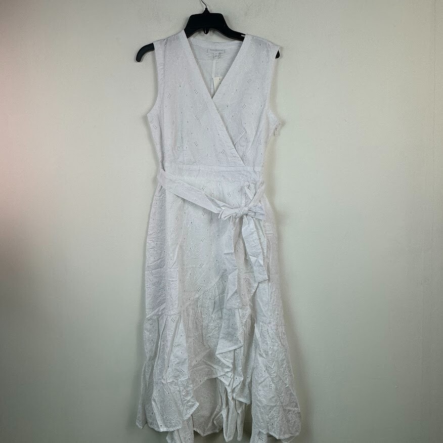 Charter Club Women 10 Bright White Lace V Neck Faux Wrap Tie Waist Dress NWTBO85