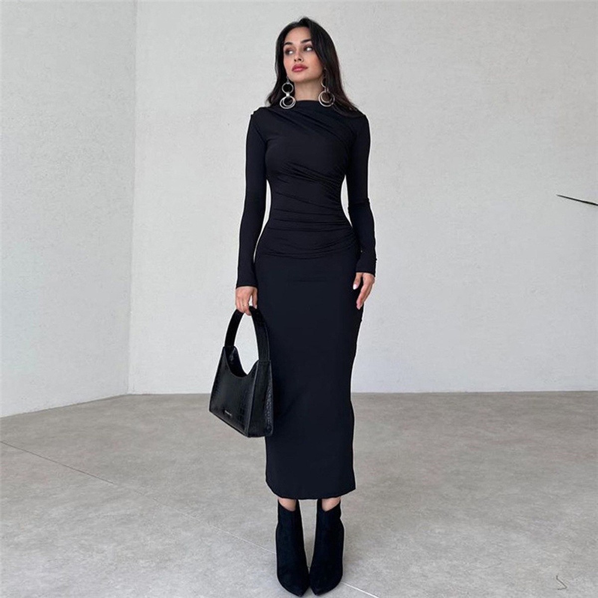 Slim fit solid color temperament long hip hugging dress