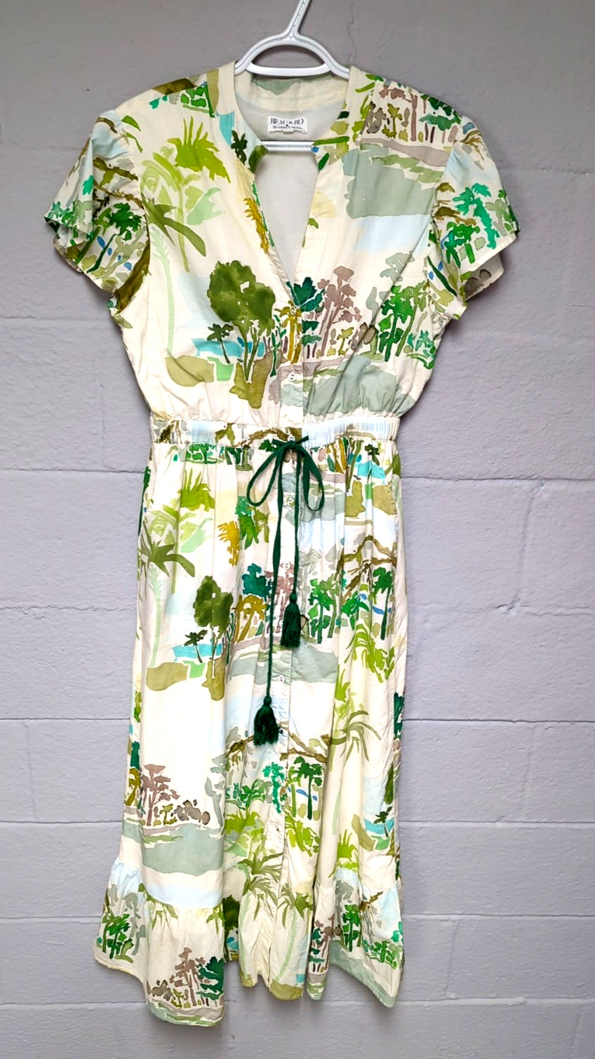Beau & Ro Midi Dress Size L Short Sleeve Digital Print Drawstring Pockets