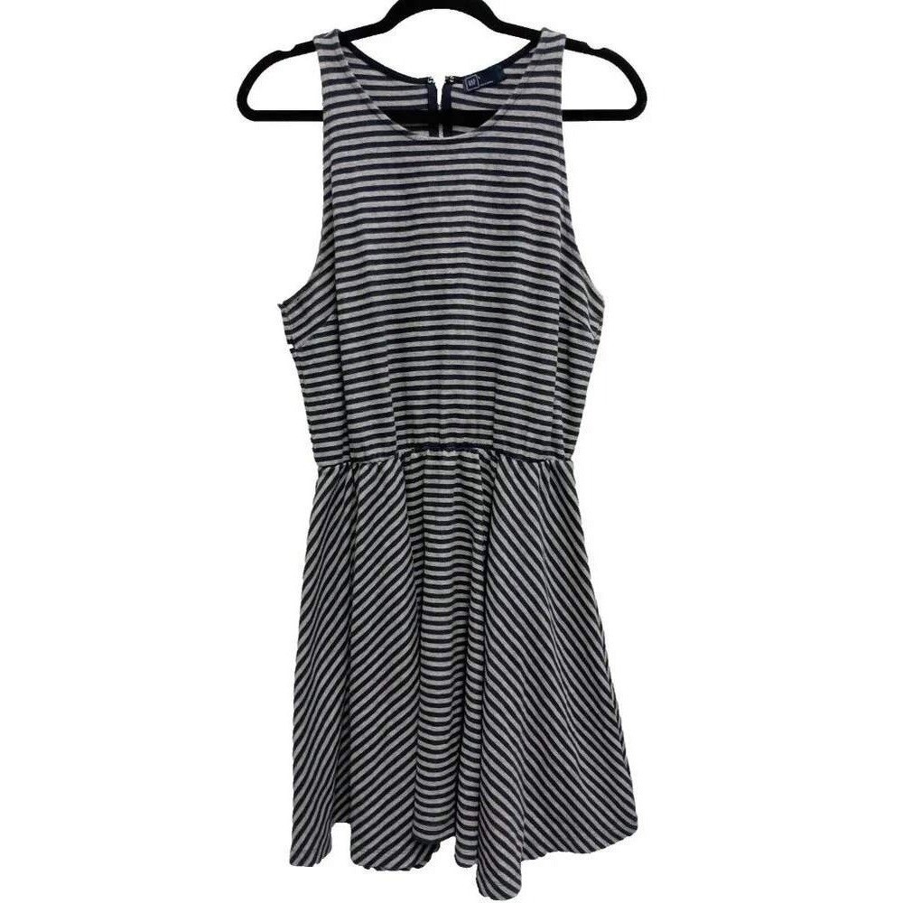 Gap Fit and Flare Dress Womens Large Gray Blue Striped Sleeveless Preppy Casual