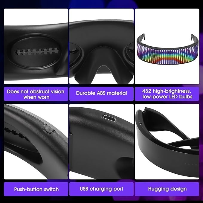 Customizable LED Light Up Glasses with Bluetooth, APP Controlled, for party