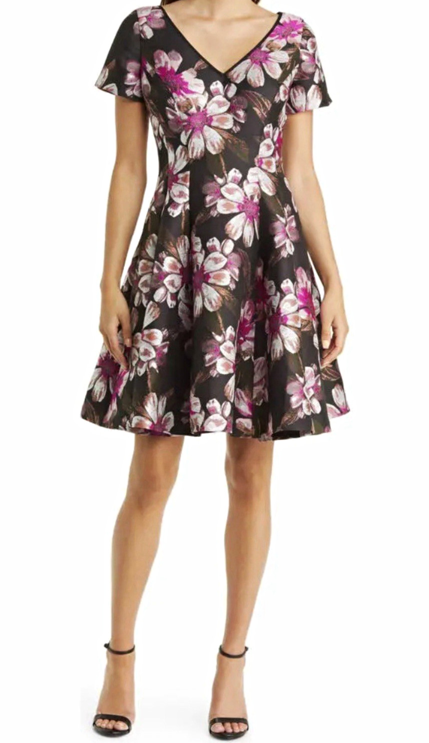 SHANI Black/Pink Floral A-Line Knee Dress SS V-Neck 6 S-3002