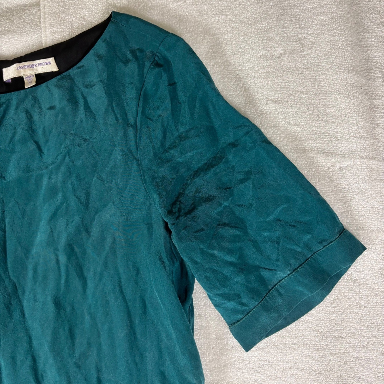 Lavender Brown Shift Dress Womens Medium Teal 100% Silk Short Sleeve Jewel Neck
