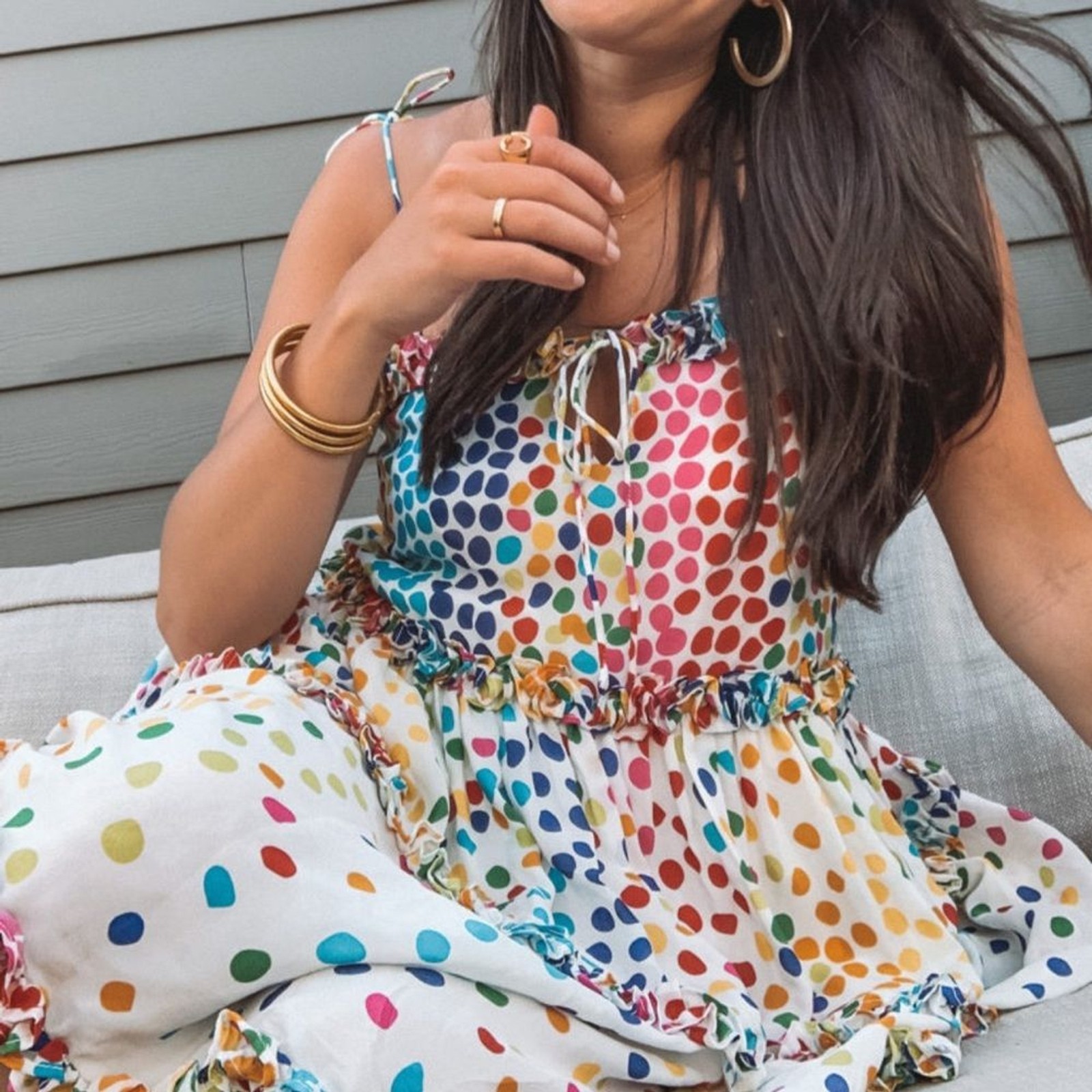 All Things Mochi Rainbow Polka Dot Tiered Mini Dress Silk Size Small