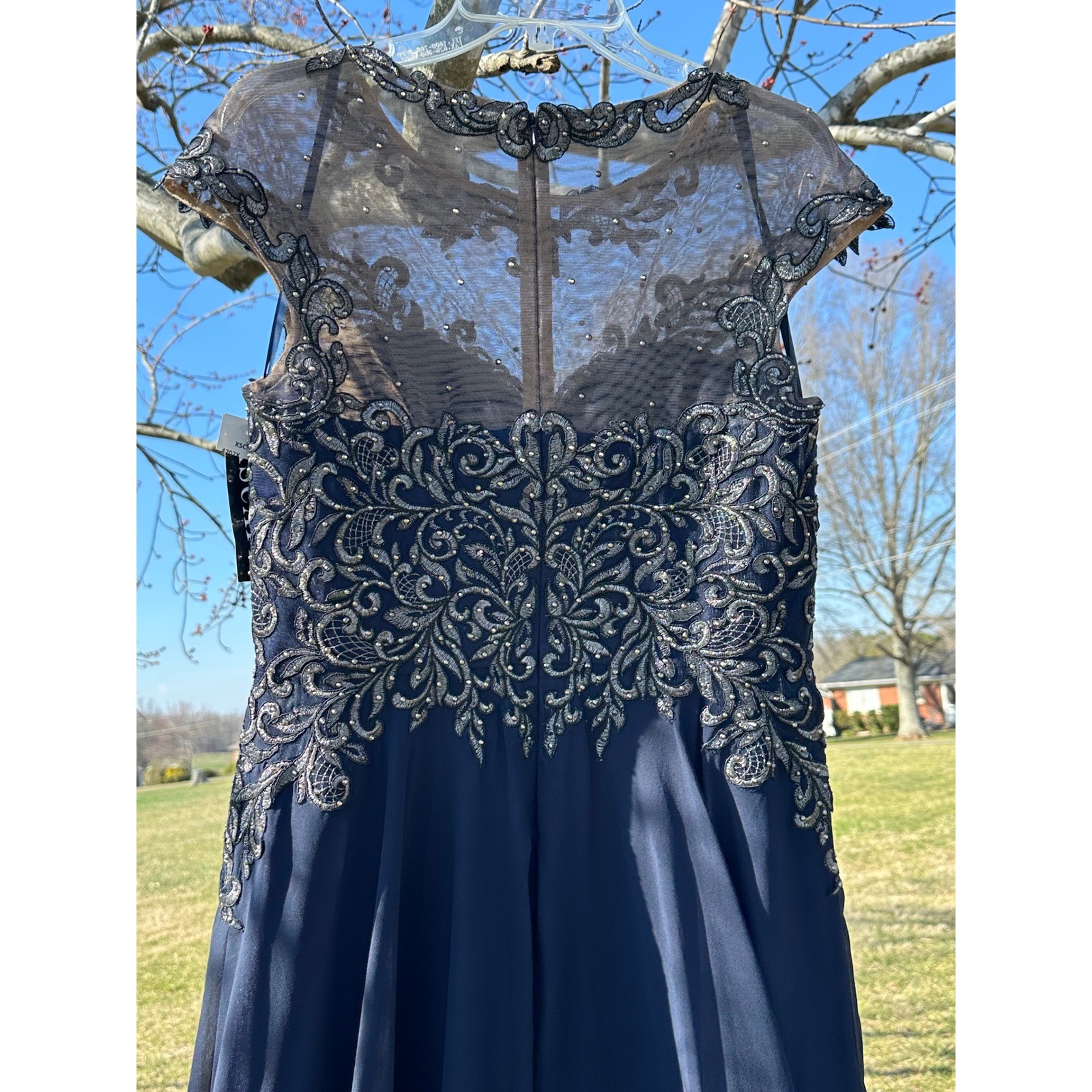 Xscape Navy Blue Silver Embroidered Rhinestone Chiffon Gown Dress 4202X Size 10