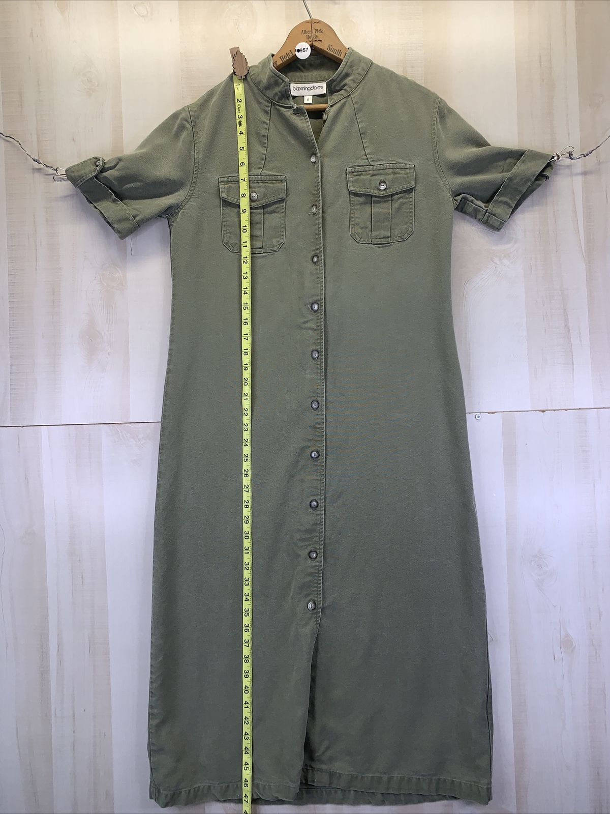 Vintage Bloomingdale’s Weathered Green Button Front Roll Sleeve Shirt Dress Sz 8
