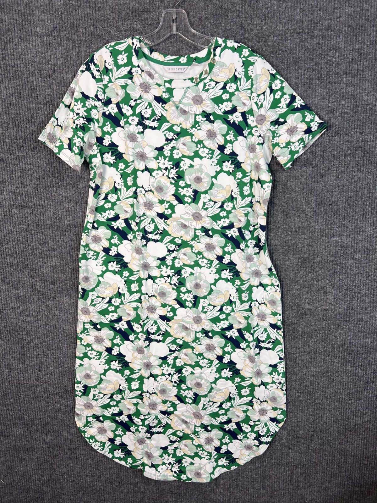 Sport Savvy Midi T Shirt Dress Medium Green Floral Short Sleeve Casual Preppy