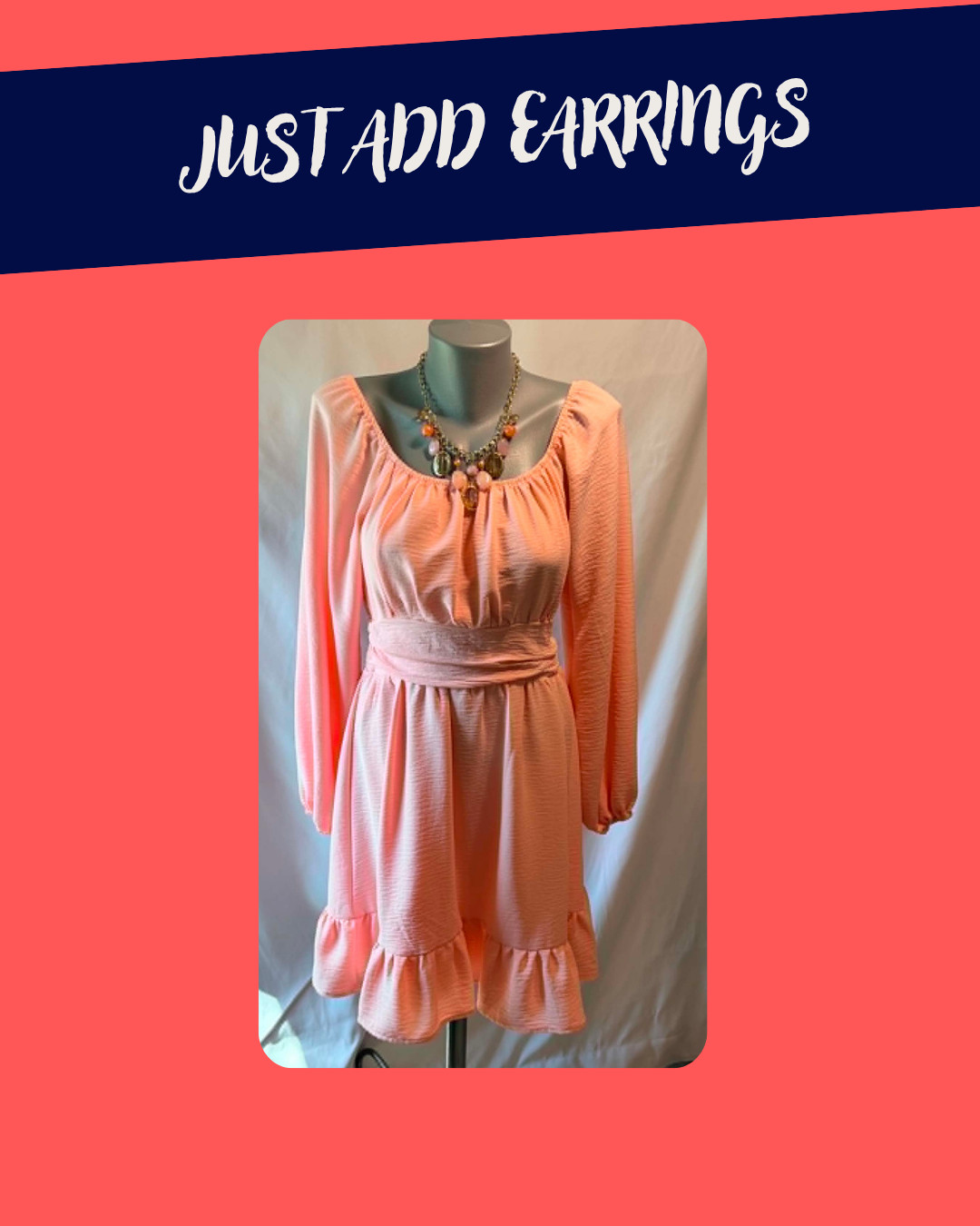 Women Size M Tie Back Dress, Balloon Long Sleeves, Square Neck With Necklace