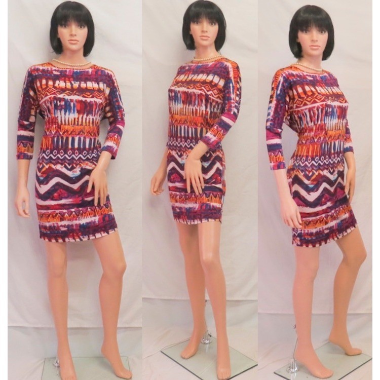 CUPIO Multi Color “Ethnic Zigzag” Pattern 3/4 Sleeve Baggy Stretch Dress L