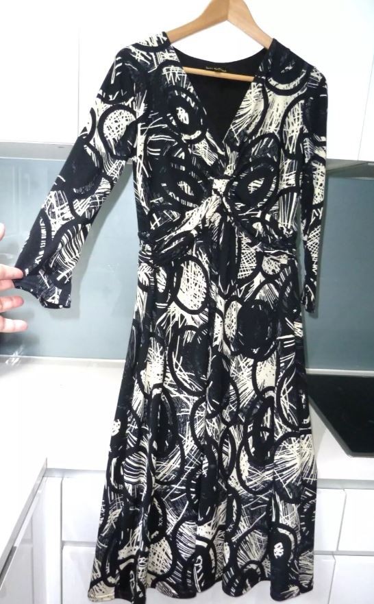 JEFF GALLANO PARIS DESIGNER black cream ABSTRACT ruched LORCA dress Size 10 12