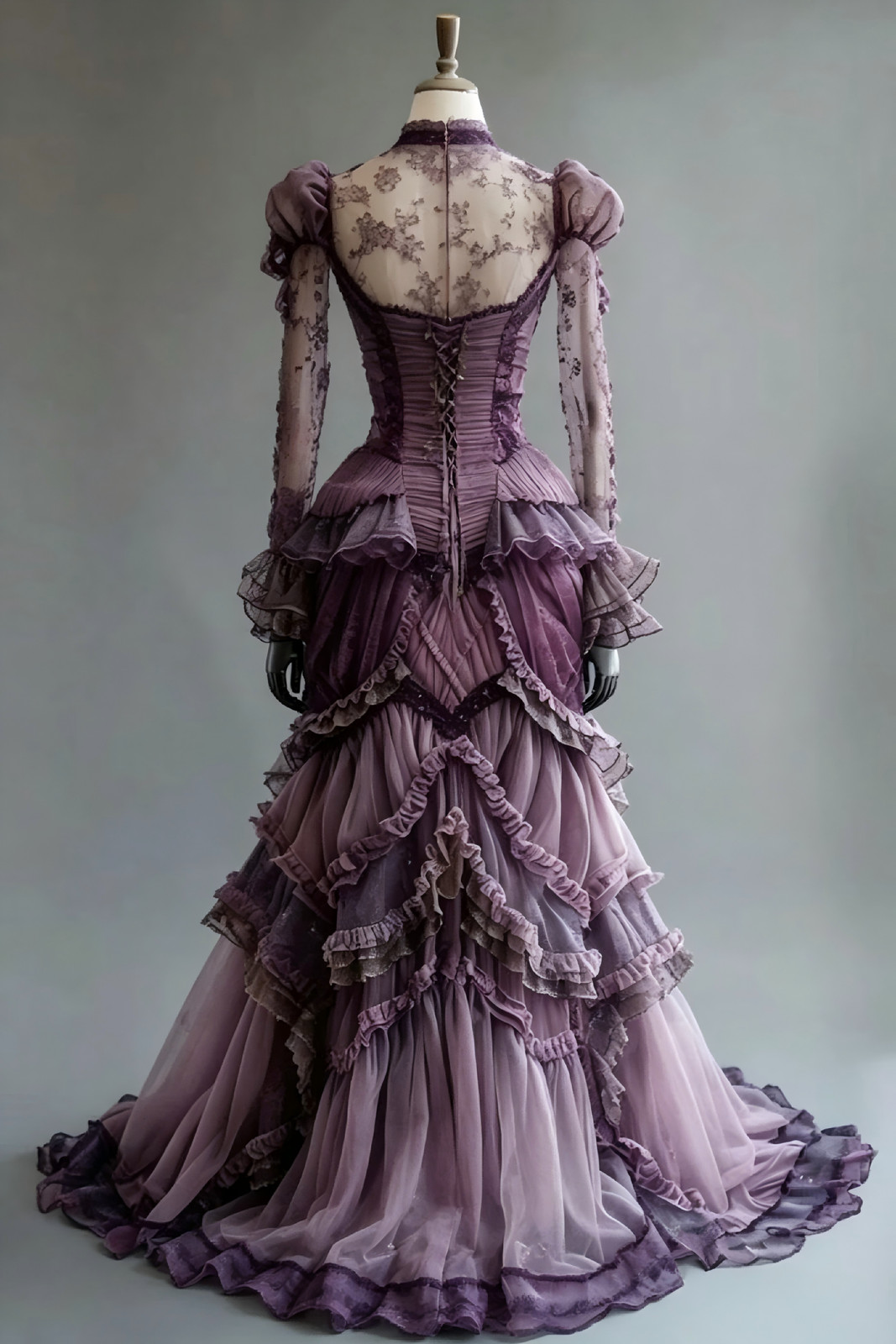 Lilac Victorian Puff Sleeve Lace Corset Ruffle Tiered Gothic Train Ball Gown