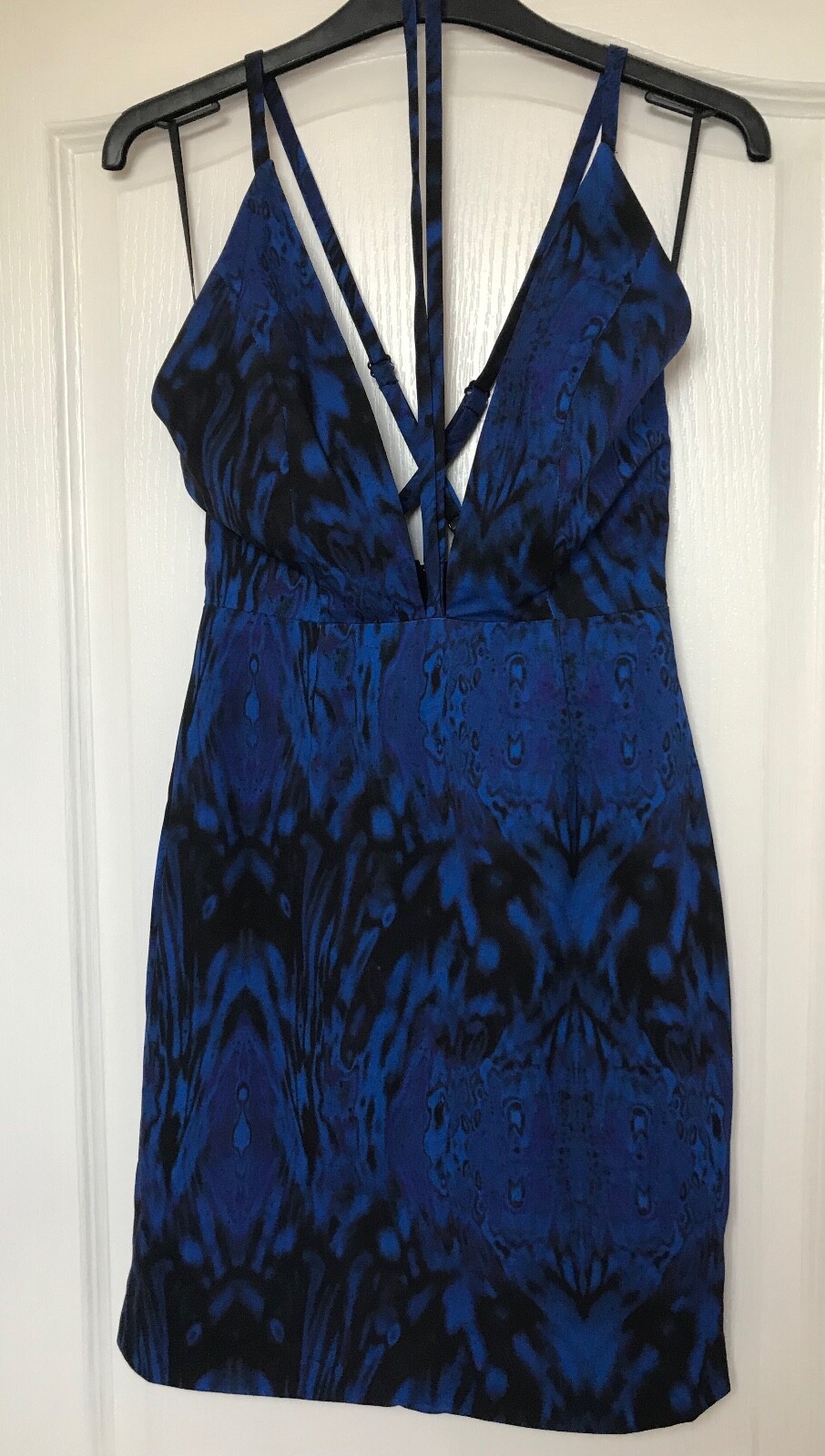 New/Tag AQ/AQ Jess Cobalt Blue Mini Plunge Halter Dress, Size UK 6, Cross back