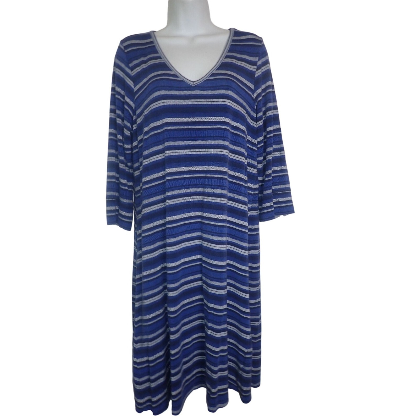 Hatley Long Sleeve V Neck Blue Stripe Dress Women L Stretch Casual Travel