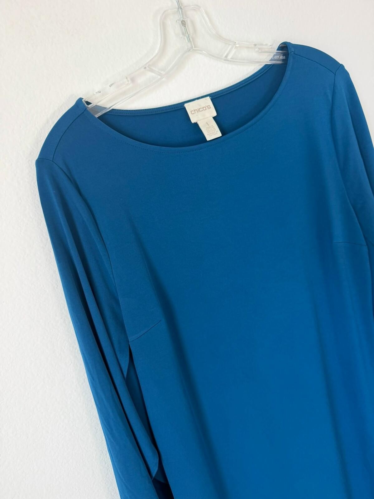 Chico’s Split 3/4 Sleeve Round Neck Teal Blue Stretch Dress Women’s Size 1 (M)