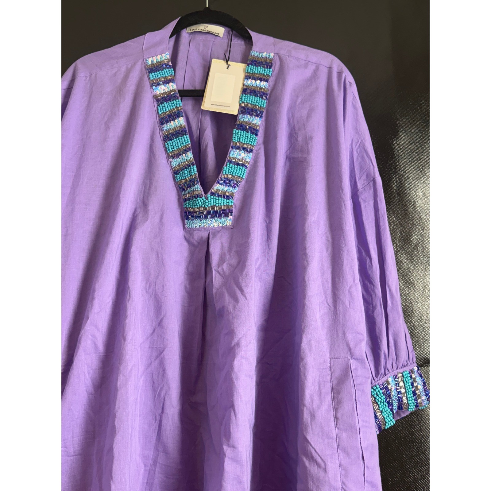 Lola Casademunt Purple Beaded Linen Tunic Dress LS2516067.085.M Lila NWT M