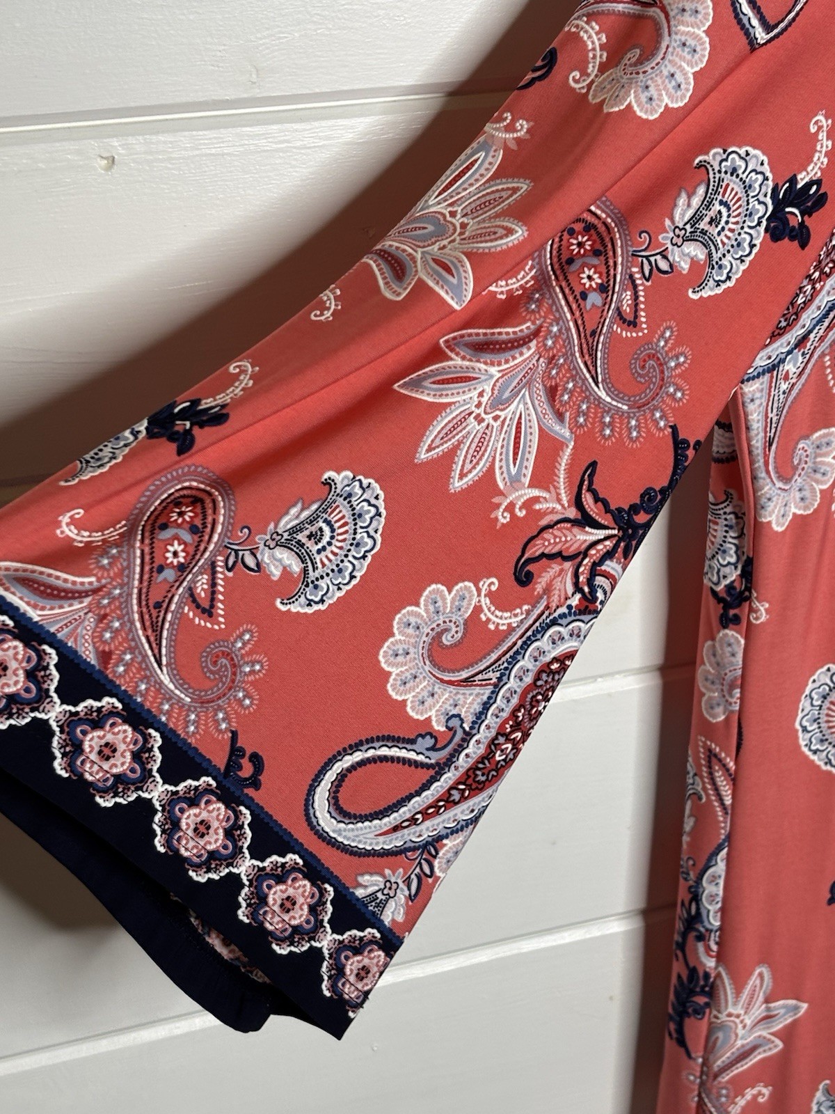 Studio One NY Coral Paisley Shift Dress Size XL Bell Sleeve Border Print Stretch