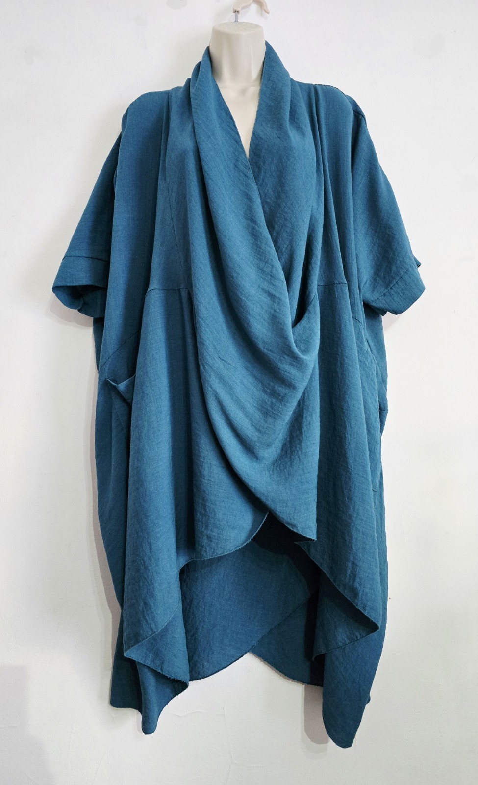 GLOSSY Made In Italy Free Size Teal Blue Lagenlook Draped Front TunicPockets