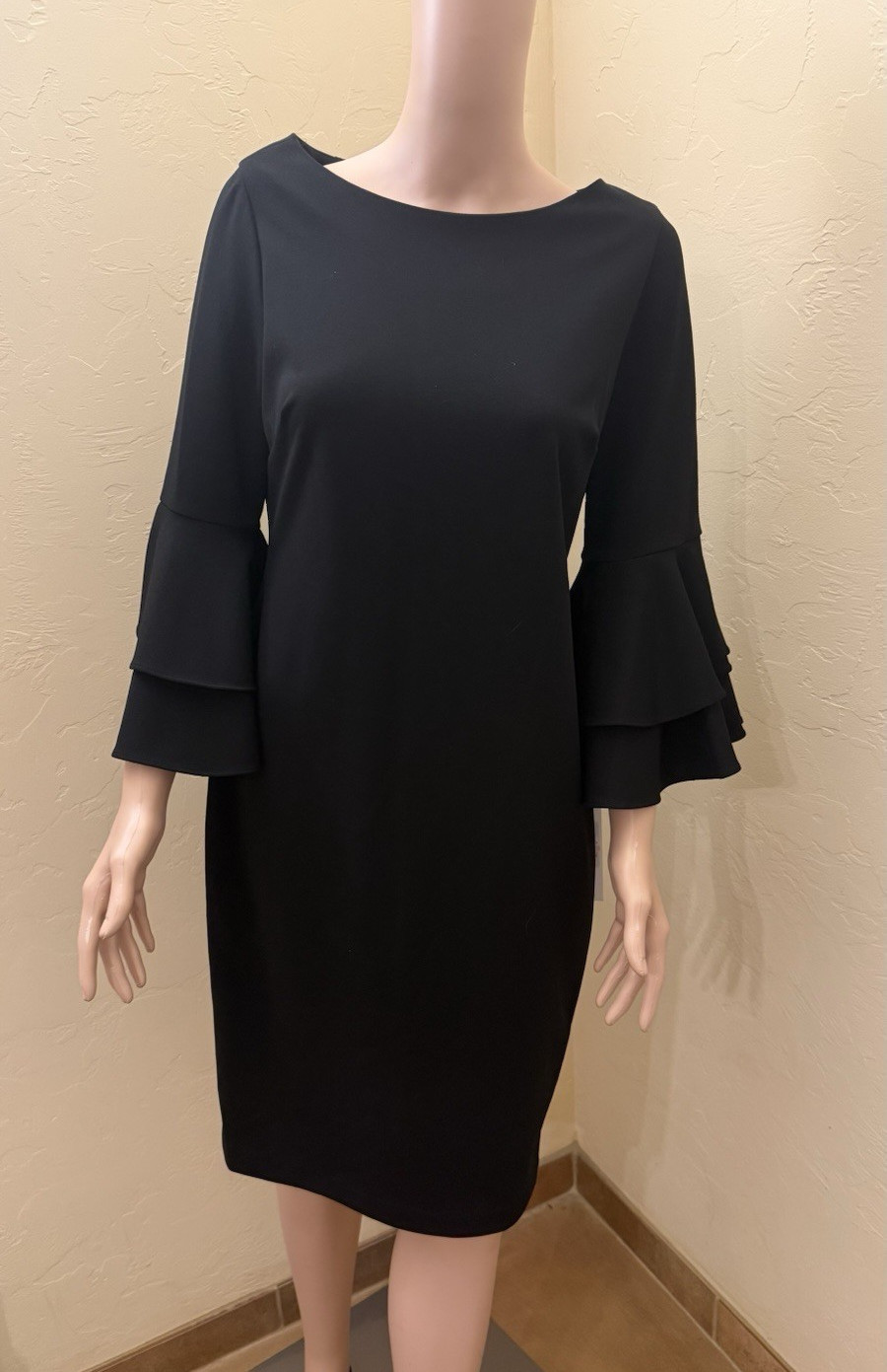 Calvin Klein Black Sheath Dress Boat Neck 3/4 Ruffle Sleeve Knee 10 Zip