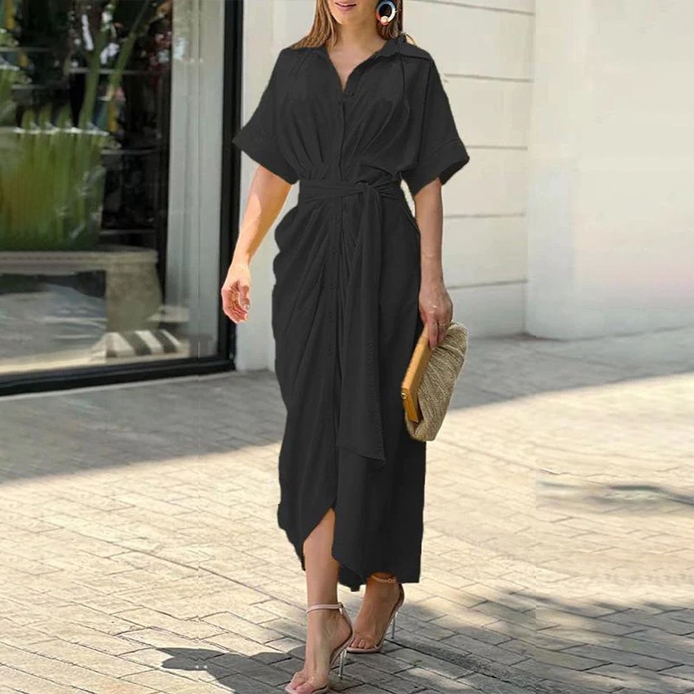 Women’s Elegant Summer Shirt Dress Short Sleeve Casual Loose Holiday Midi Dress