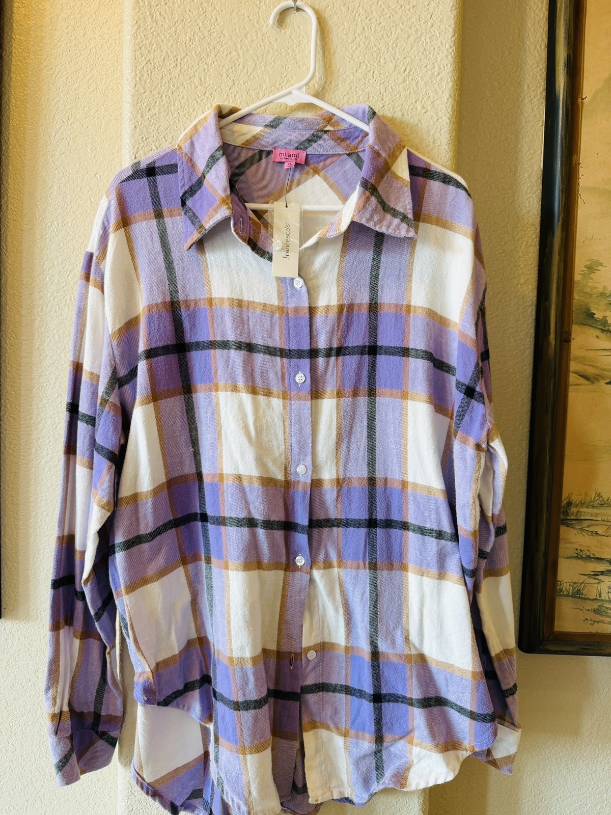 Francescas Trisha’s Clean hem Plaid Top Womens Shirt Long Sleeve XL,NWT
