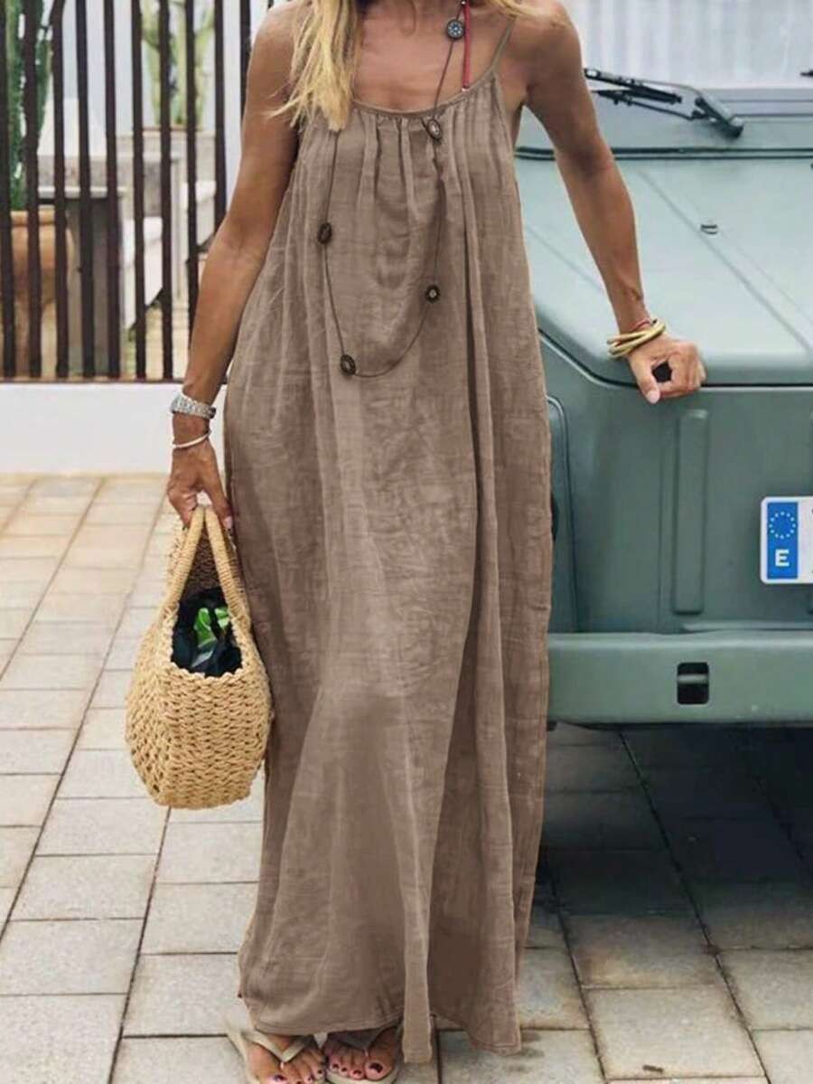 Spaghetti Strap Dress Side Pockets Backless Slit Hem Casual Cami Maxi Long