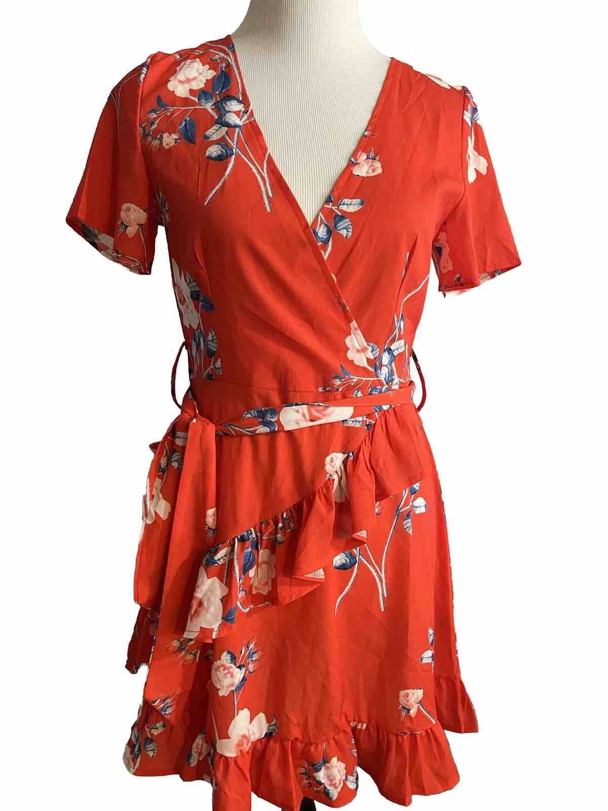 Locryz Women Small Dress Mini Wrap Cottagecore Blaze Orange Floral Romantic