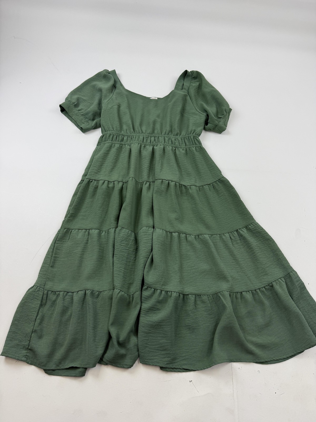 Monteau Los Angeles Dress Womens Large Green Tiered Puff Sleeve Maxi Sundress