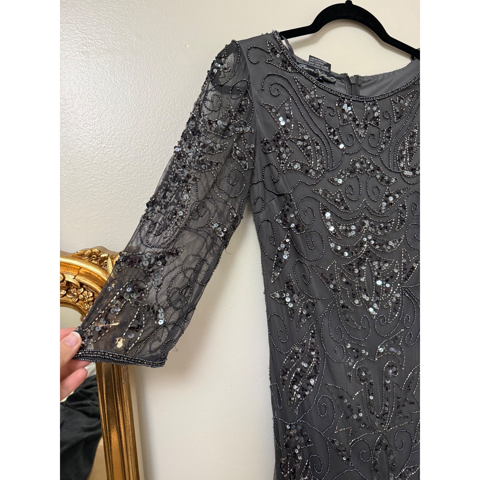 Pisarro Nights Gray Beaded Sequin Gown 3/4 Sleeve Formal Maxi Dress