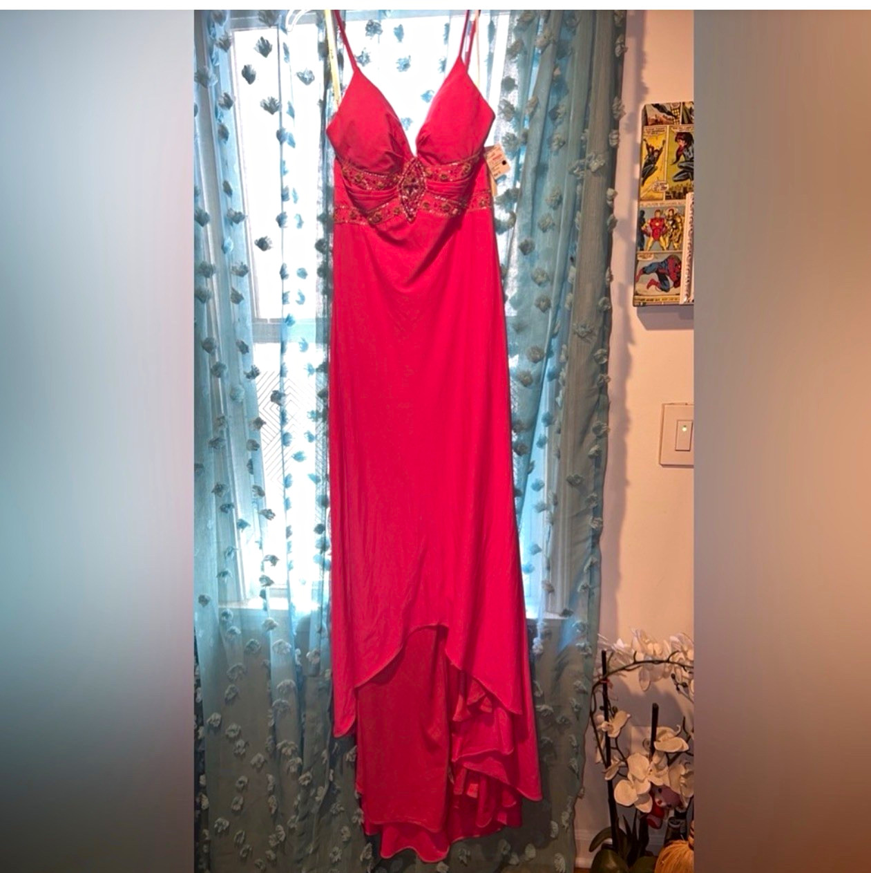 Women’s Pink Long Gown Dress V-Neck Spaghetti Straps Beaded Rhinestone Size 12