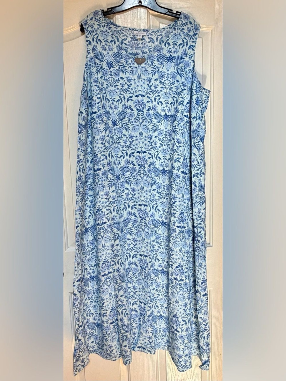 J. Jill Love Linen 2X NWT Blue Floral 100% Linen Maxi Dress Pockets $139