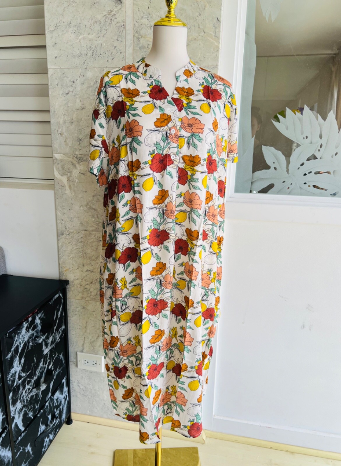 0001/ Three Buttons Mandarin Neck Dress, Lightweight, Homewear, Loose Dress