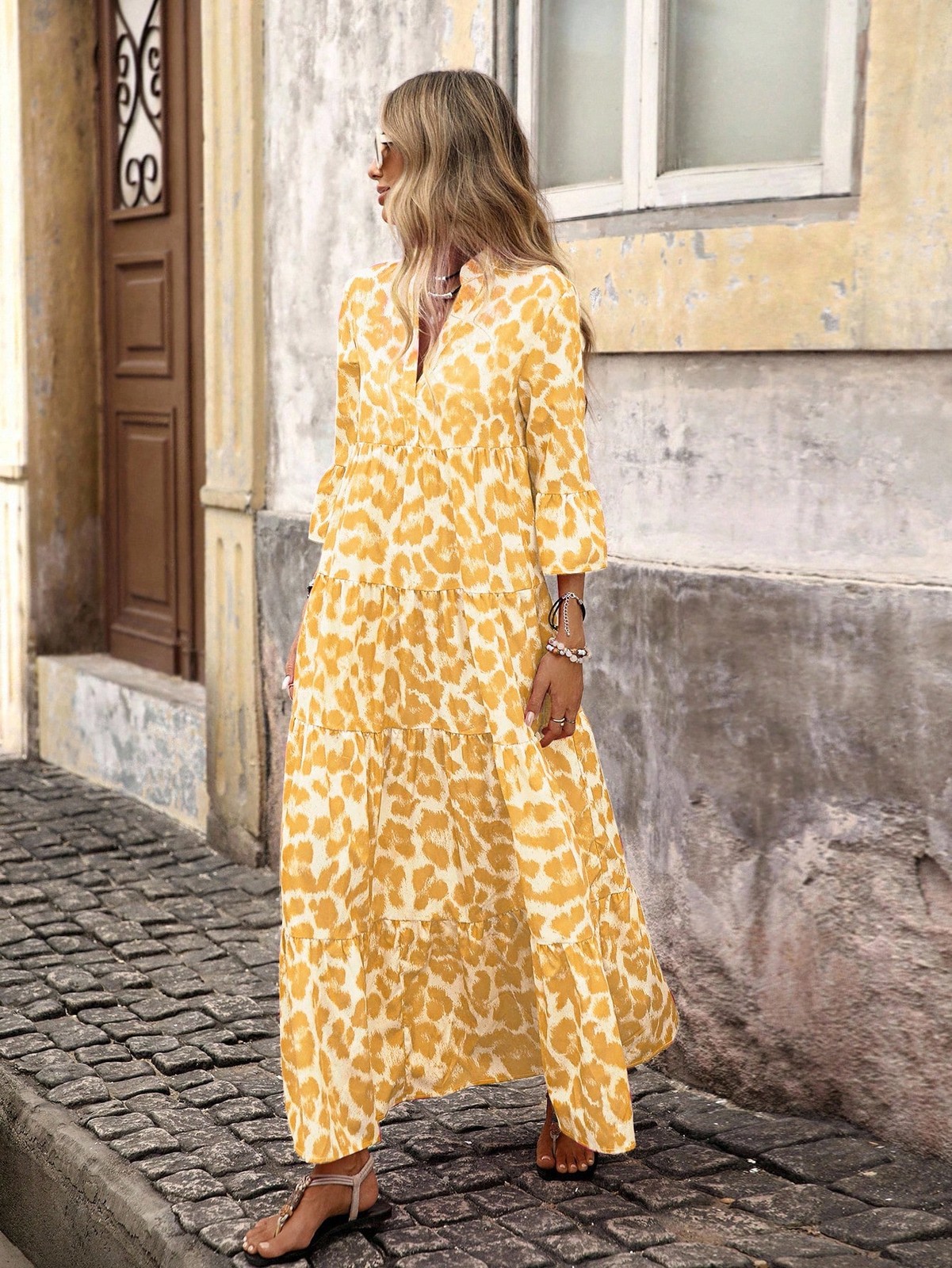 Cute Women’s Yellow Ruffle Hem Long Dress