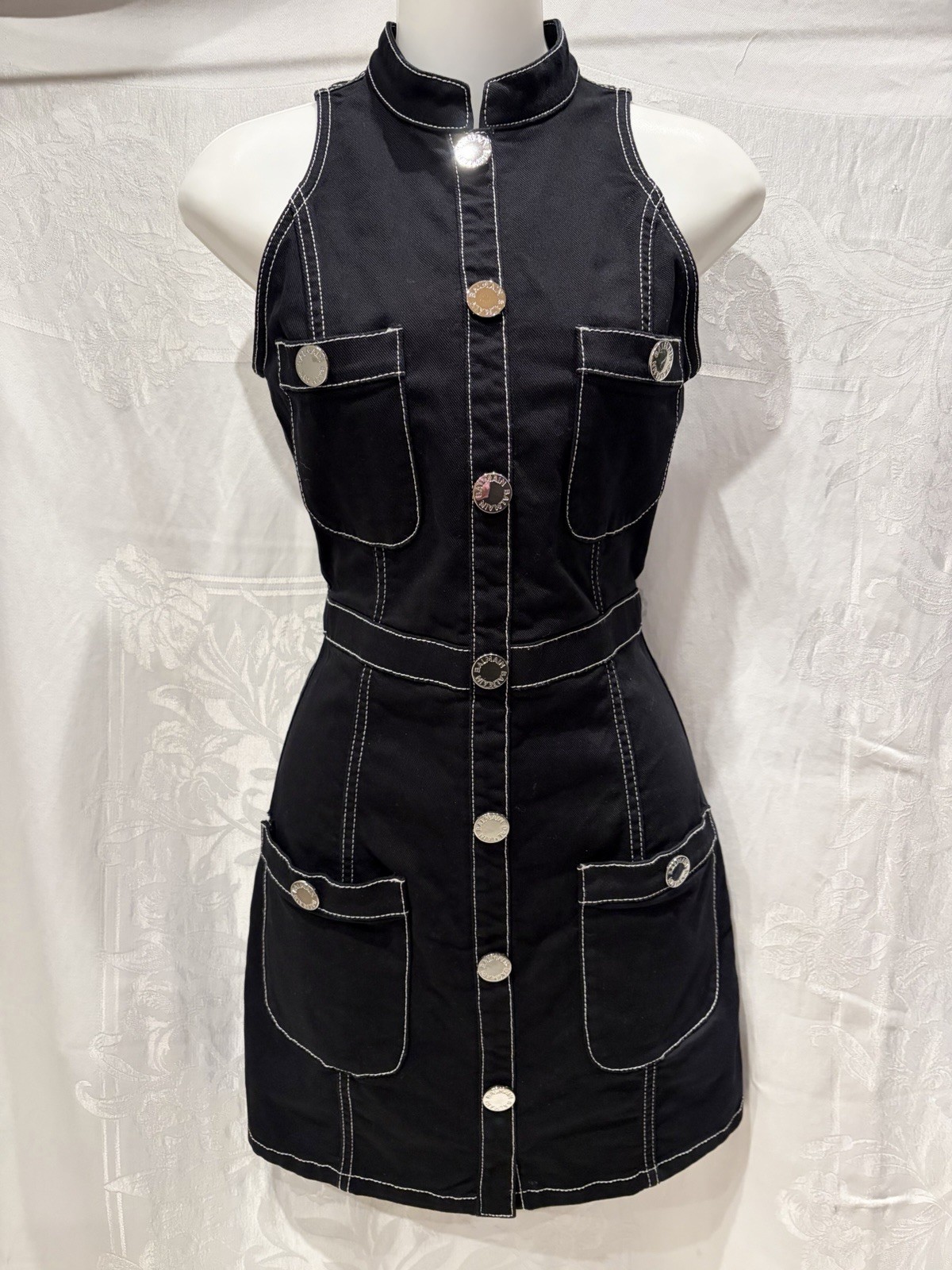 BALMAIN Black Stretch Denim Silver Logo Button Mini Dress 34 2 XS $1795 Current