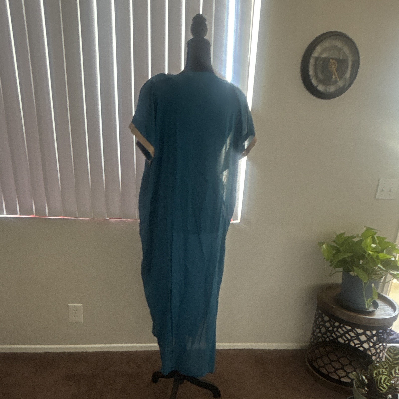 Women’s Blue Embroidered V- Neck Kaftan Maxi Dress Muslim gown one size fits all