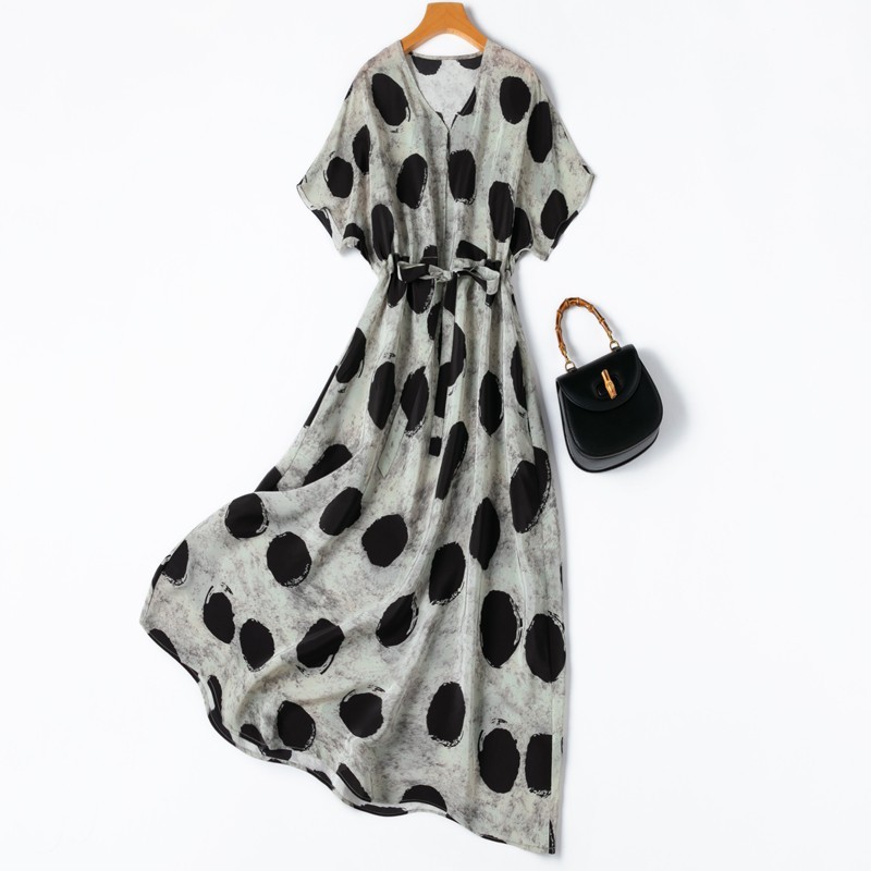 100% Mulbery Silk Gray Polka Dots Short Sleeve Women A-Line Midi Dress M1345