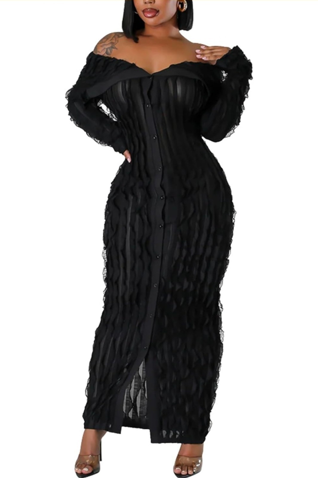 Off Shoulder Button Up Fringe Maxi Dress