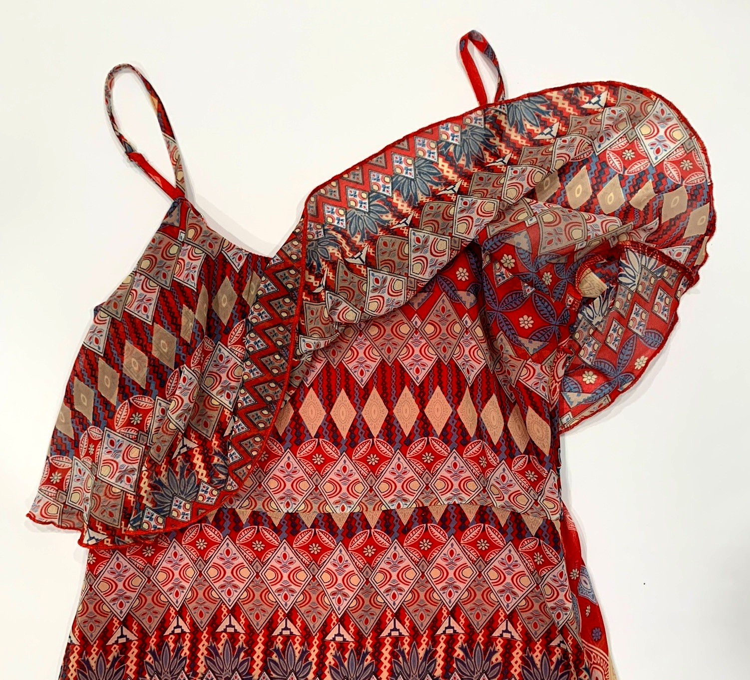 Boho/Retro Strappy Sheer Lined Maxi Dress szS Ruffle Top Side Zip Geo Print