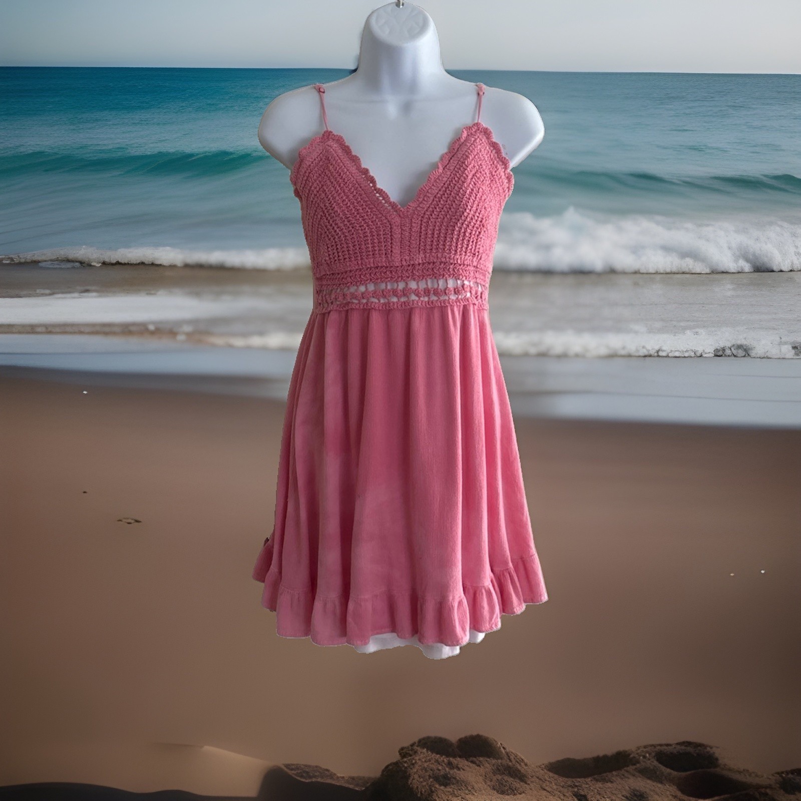 BABYDOLL MINI DRESS PINK tie-dyed, Sz M, Crocheted, Full Slip, Cottage Core.