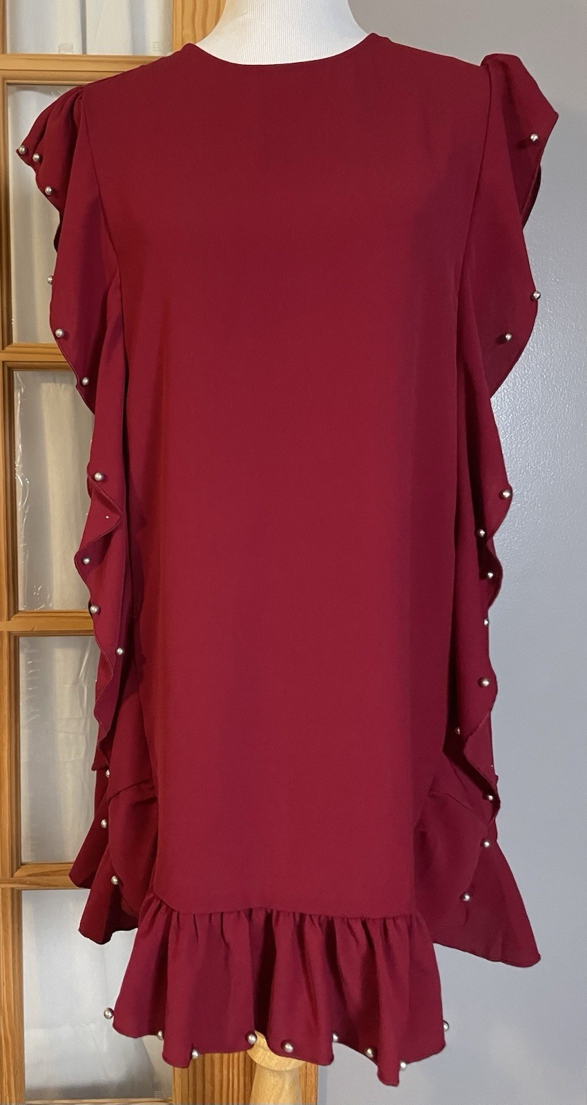 TCEC Silver Studs Ruffled Dress M Red Boxy Mini Modern Boho Chic Classic City