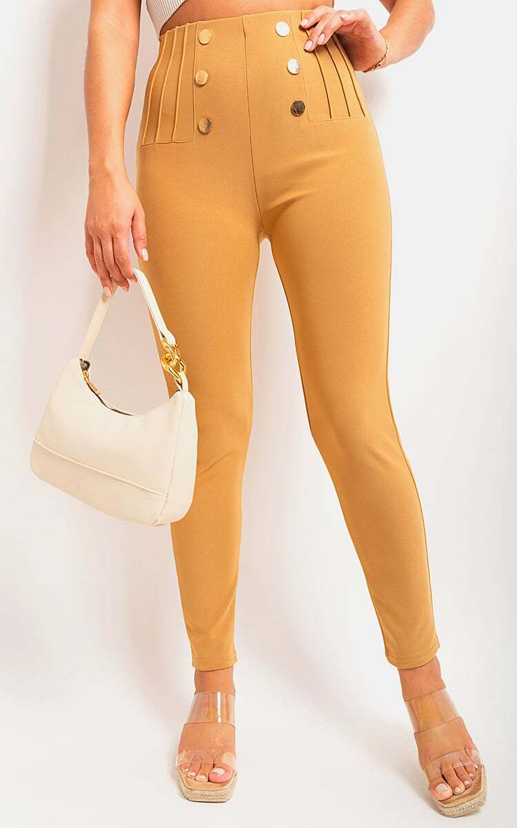 Womens Trousers High Waisted Button Detail Casual Stretch Full length Pants
